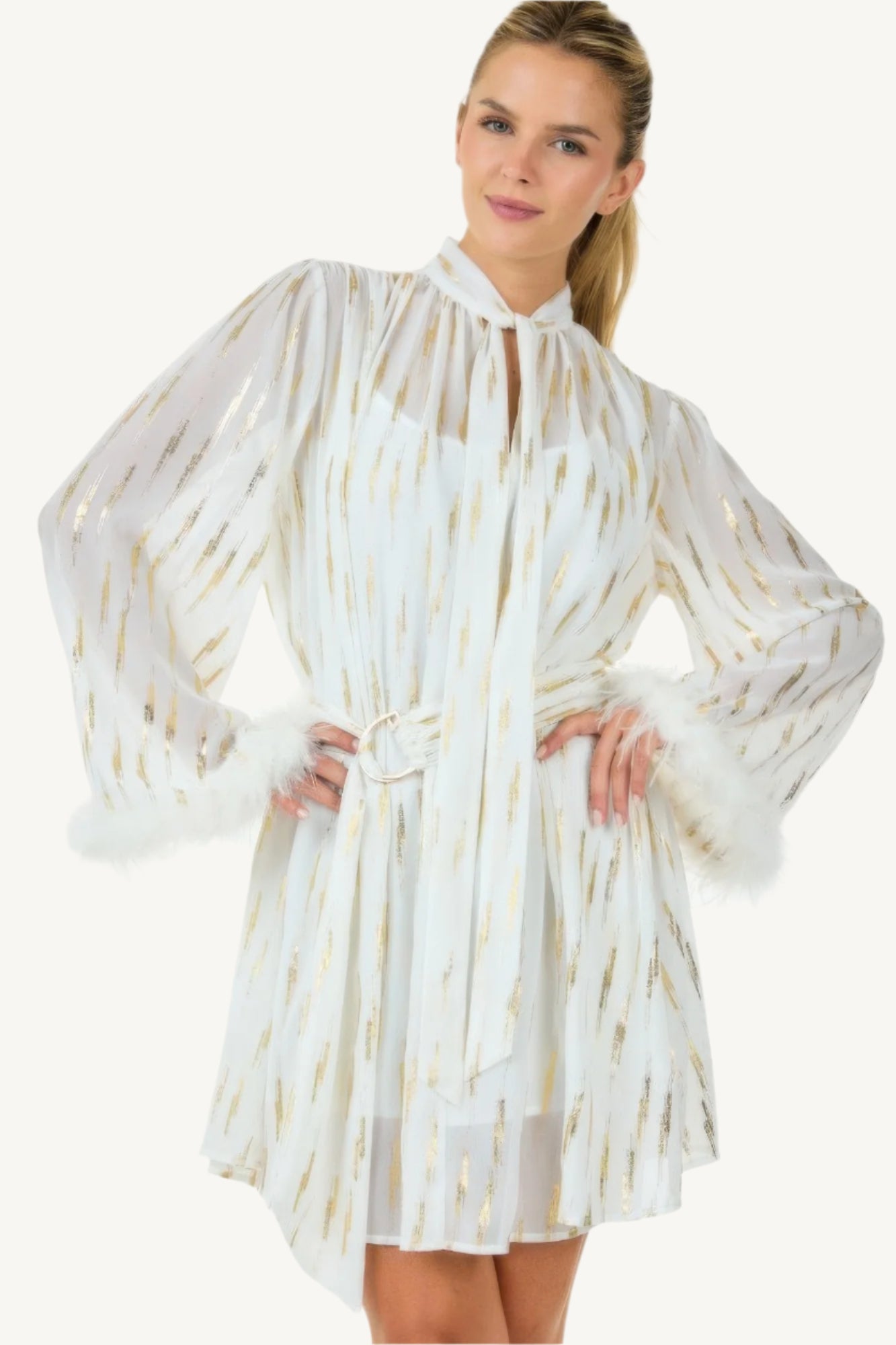 "Metallic print short dress – elegant, relaxed-fit silhouette with shimmering details for standout style."
