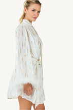 "Metallic print short dress – elegant, relaxed-fit silhouette with shimmering details for standout style."
