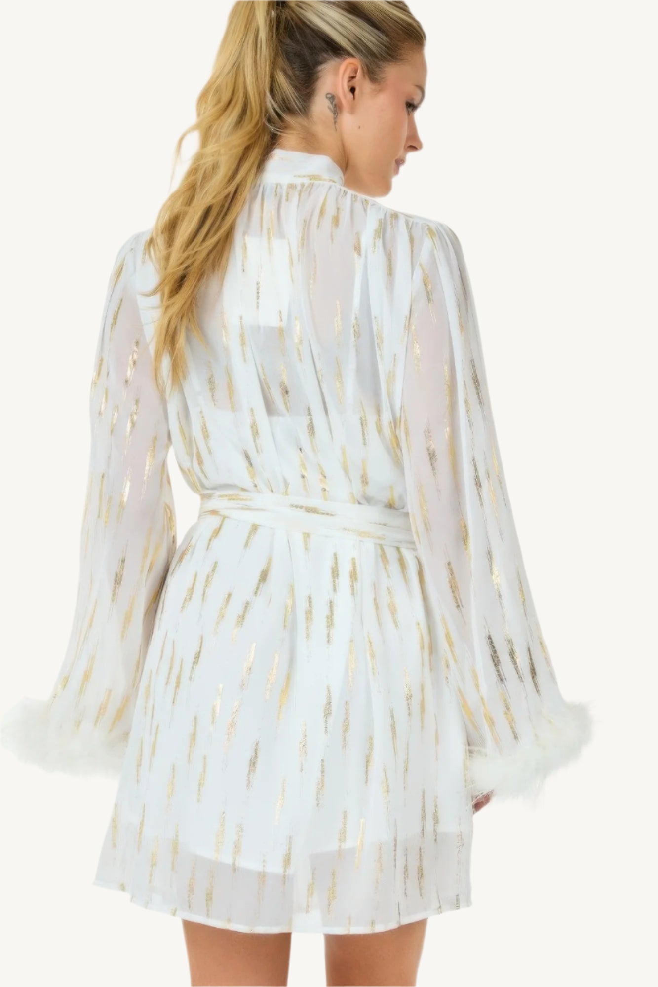 "Metallic print short dress – elegant, relaxed-fit silhouette with shimmering details for standout style."