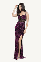 "Velvet corset maxi dress with contrast mesh detailing – elegant bustier-style silhouette for a bold, modern formal look."