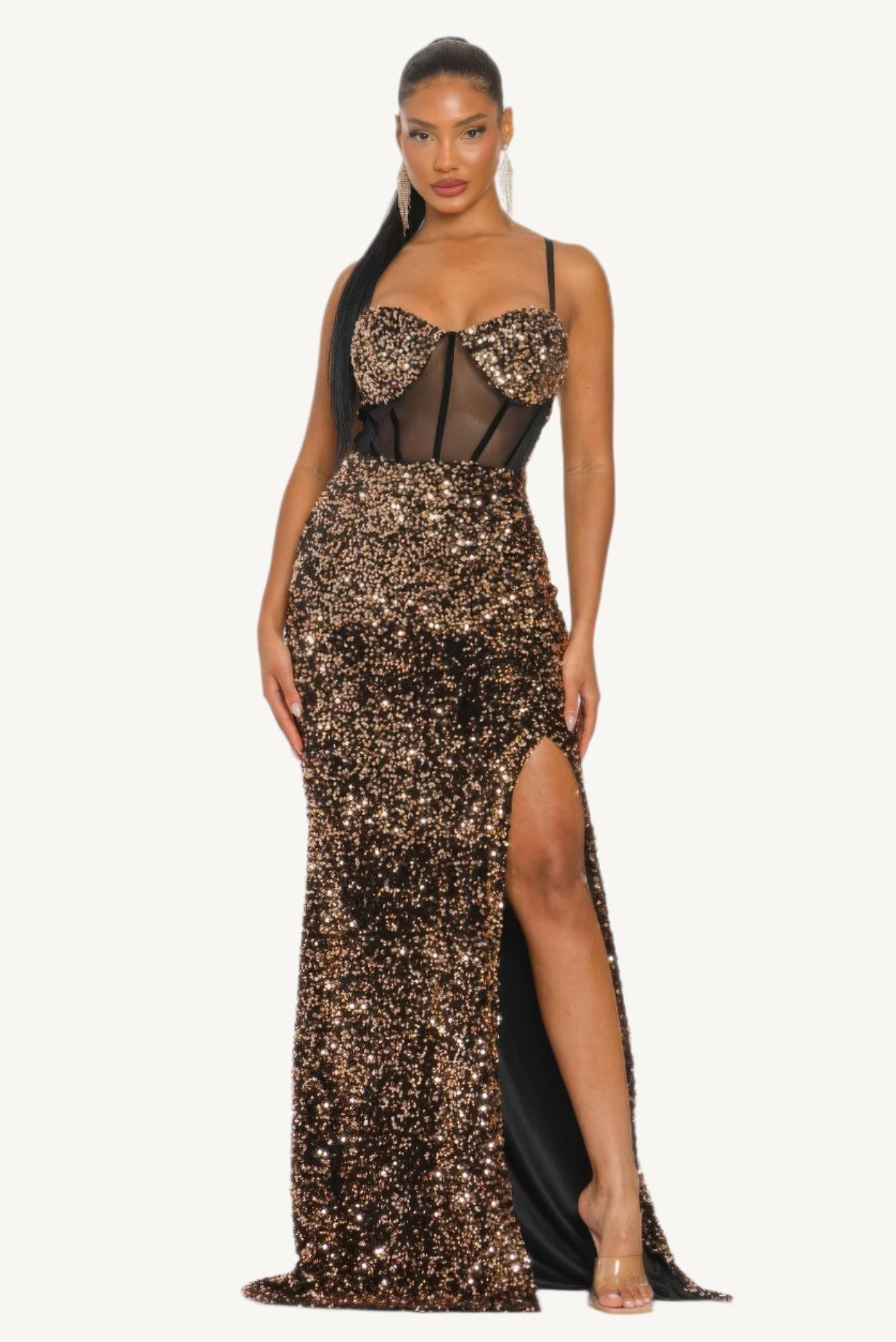 "Rose gold velvet corset maxi dress – structured, luxurious evening gown with a soft teddy texture and elegant silhouette."