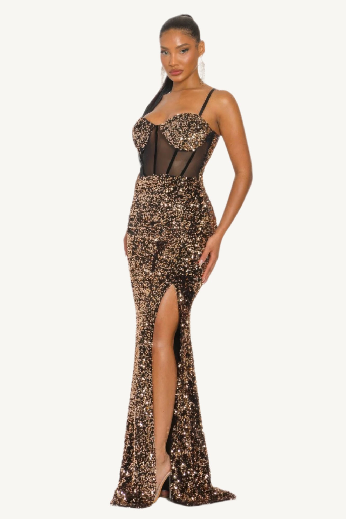"Rose gold velvet corset maxi dress – structured, luxurious evening gown with a soft teddy texture and elegant silhouette."