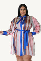 "Long sleeve non-stretch dress with collar and self-tie waist, made from 100% polyester, designed for a timeless and elegant silhouette."