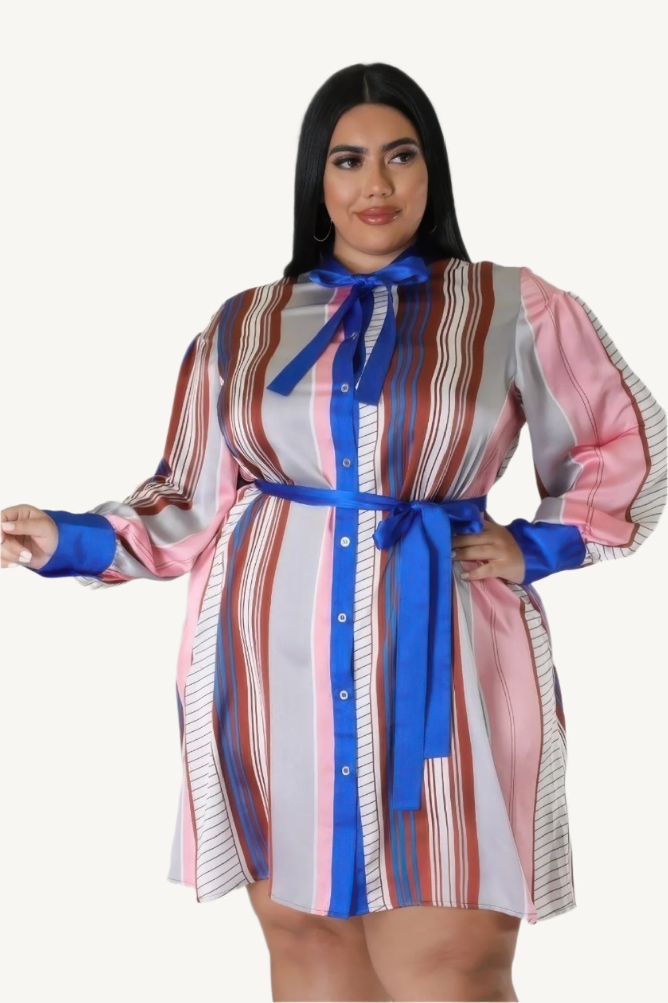 "Long sleeve non-stretch dress with collar and self-tie waist, made from 100% polyester, designed for a timeless and elegant silhouette."