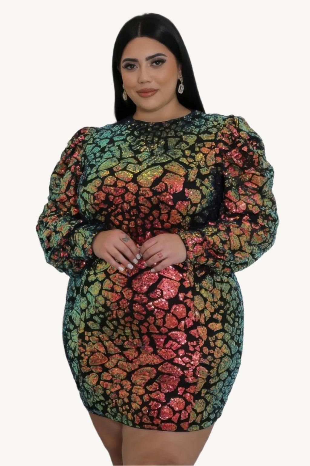 "Non-stretch multi-colored sequin dress with round neckline, long sleeves, and zipper closure, designed for elegant evening wear."