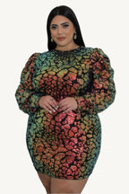 "Non-stretch multi-colored sequin dress with round neckline, long sleeves, and zipper closure, designed for elegant evening wear."