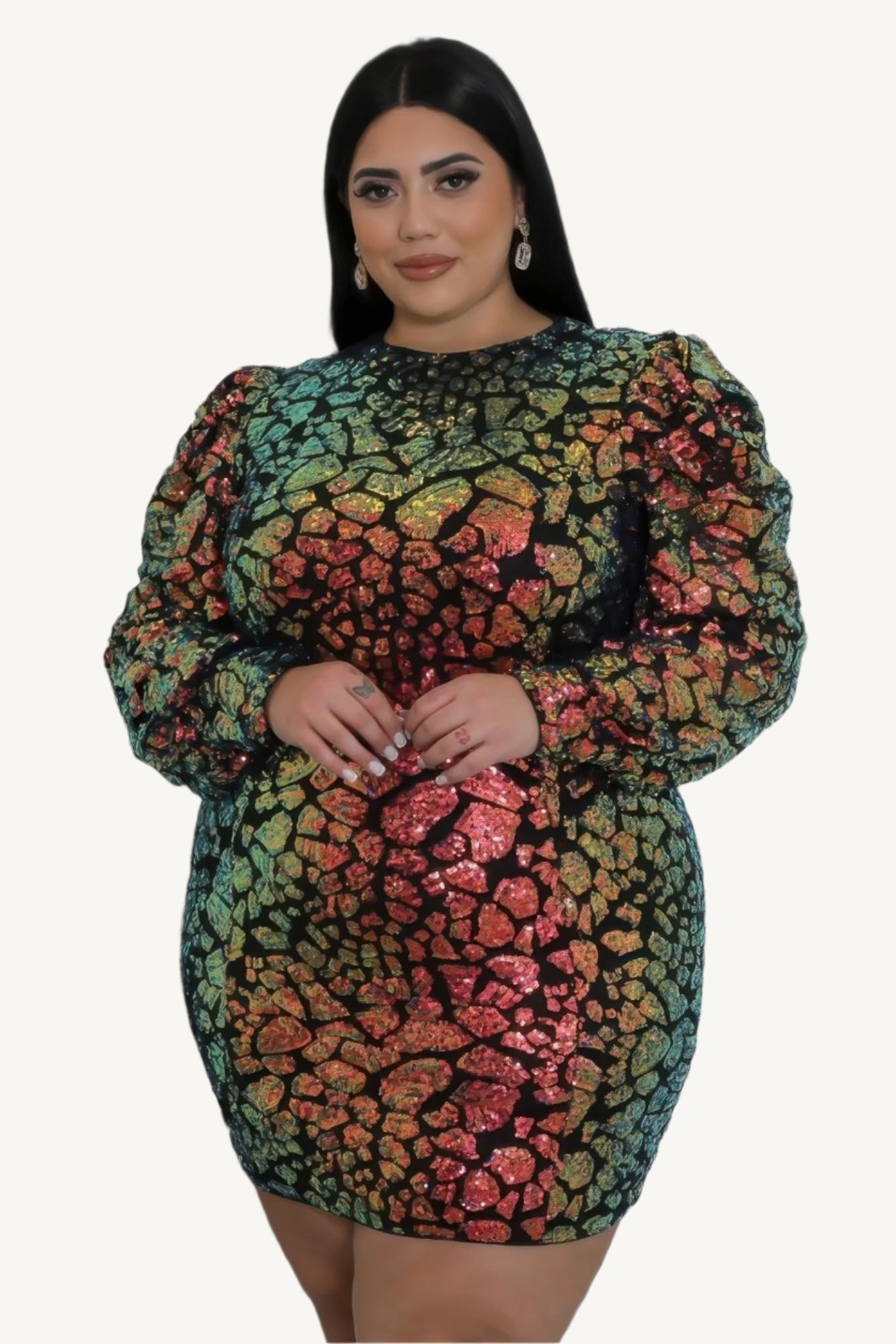 "Non-stretch multi-colored sequin dress with round neckline, long sleeves, and zipper closure, designed for elegant evening wear."