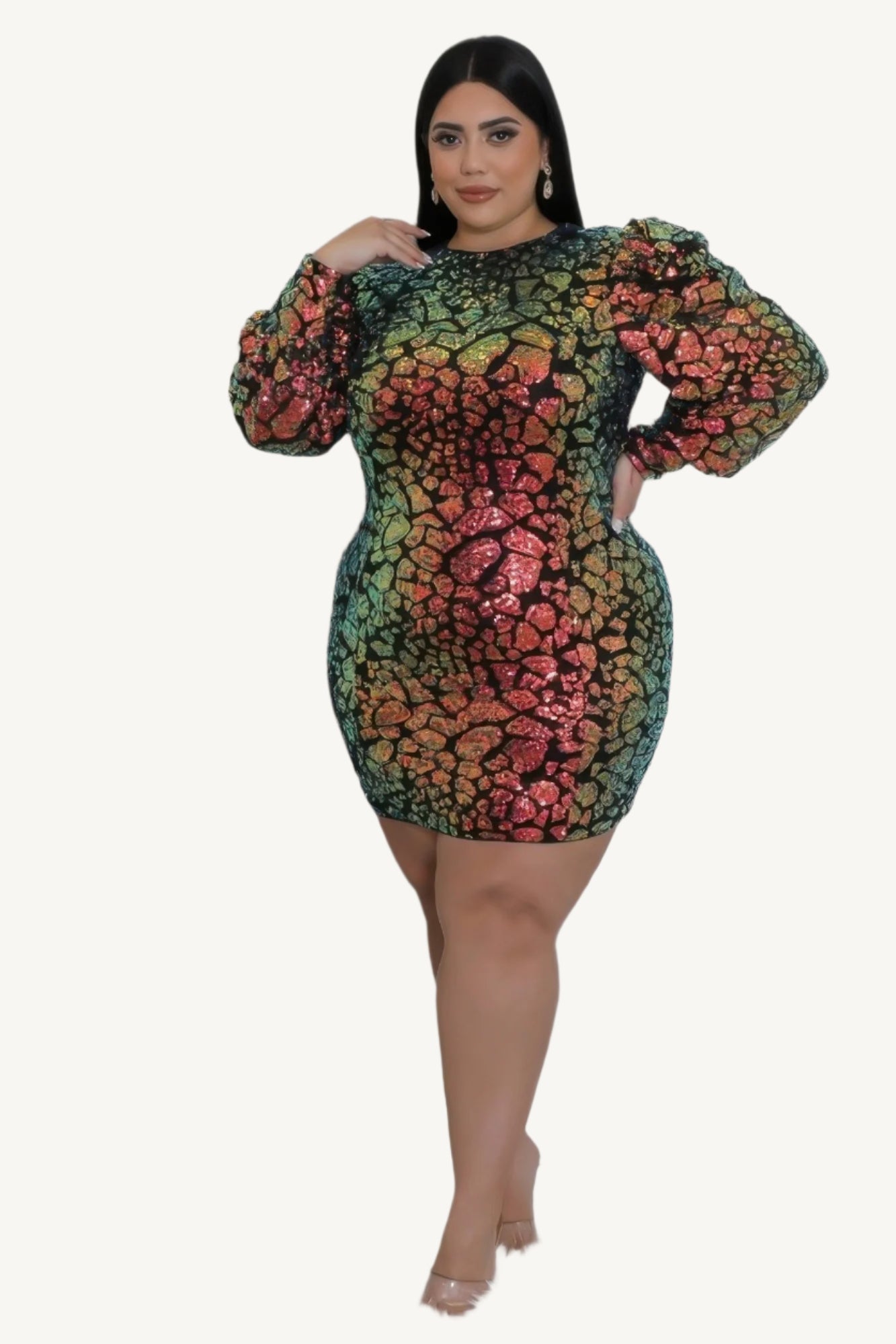 "Non-stretch multi-colored sequin dress with round neckline, long sleeves, and zipper closure, designed for elegant evening wear."