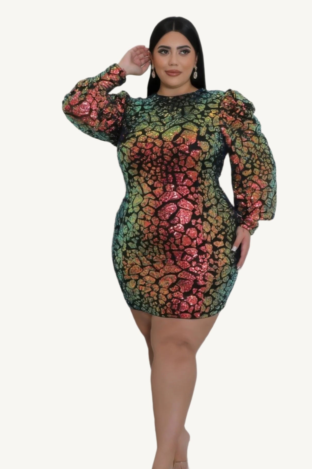 "Non-stretch multi-colored sequin dress with round neckline, long sleeves, and zipper closure, designed for elegant evening wear."