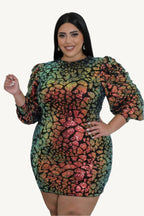 "Non-stretch multi-colored sequin dress with round neckline, long sleeves, and zipper closure, designed for elegant evening wear."