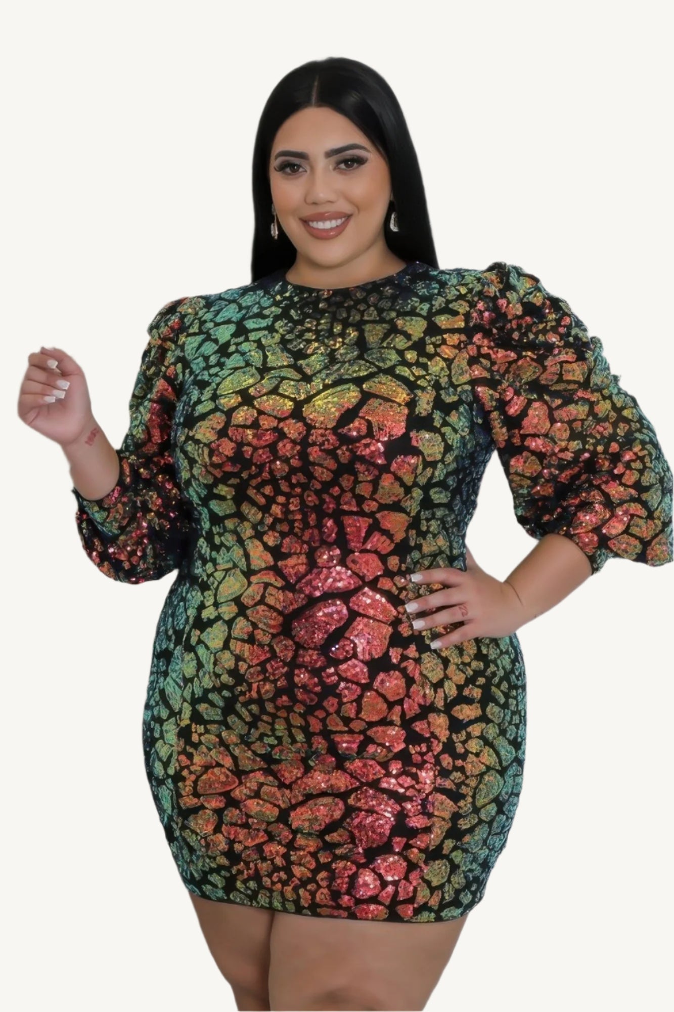 "Non-stretch multi-colored sequin dress with round neckline, long sleeves, and zipper closure, designed for elegant evening wear."