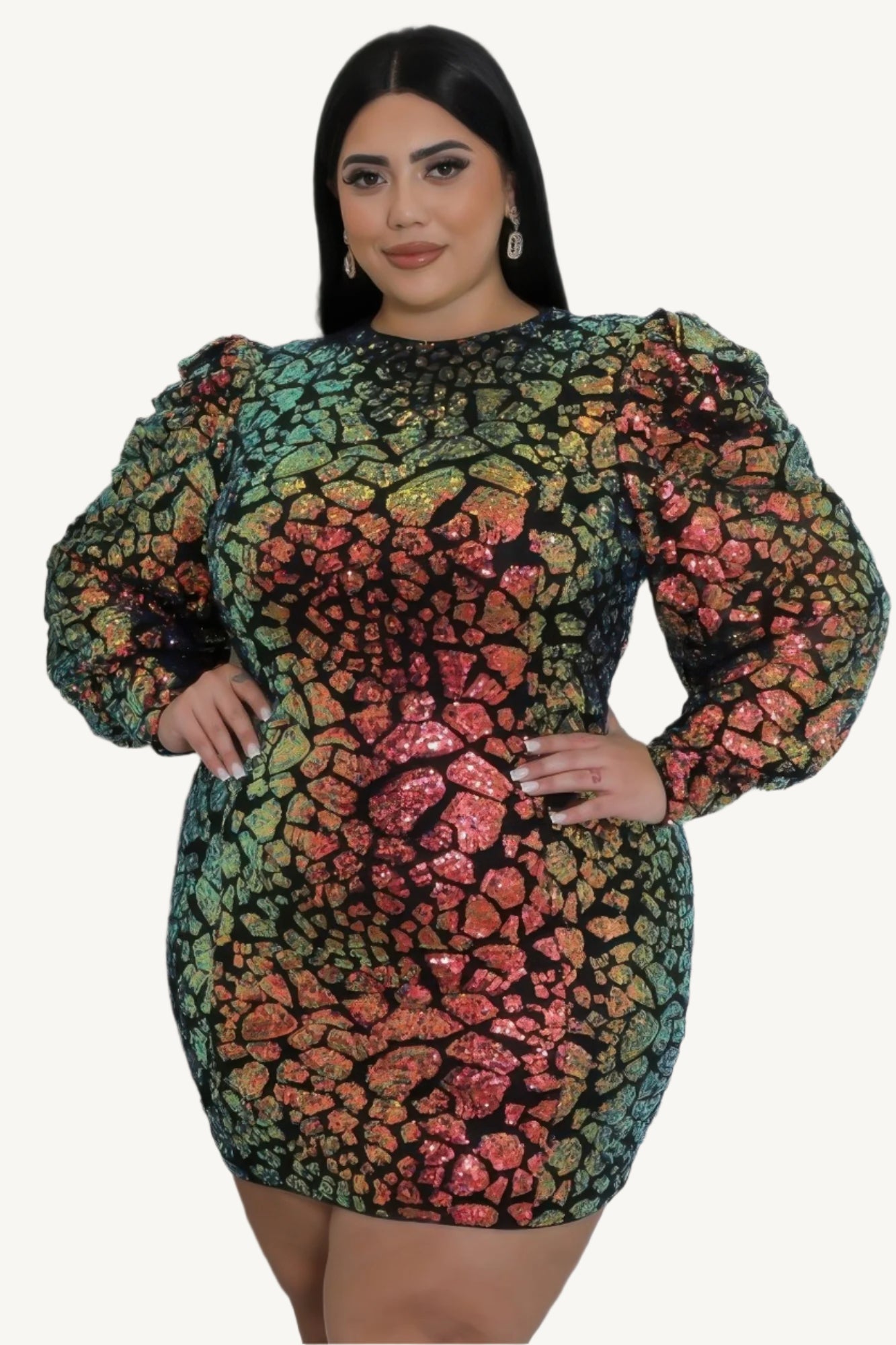 "Non-stretch multi-colored sequin dress with round neckline, long sleeves, and zipper closure, designed for elegant evening wear."