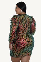 "Non-stretch multi-colored sequin dress with round neckline, long sleeves, and zipper closure, designed for elegant evening wear."