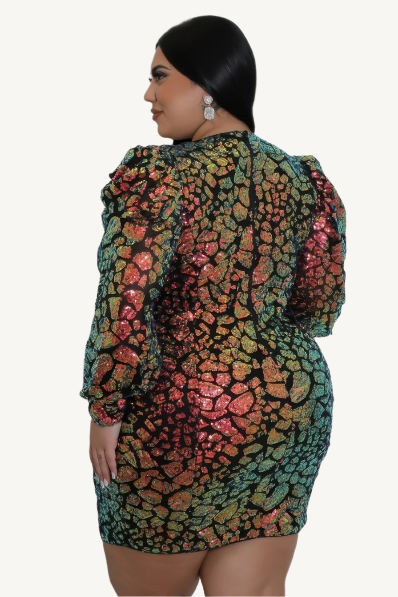 "Non-stretch multi-colored sequin dress with round neckline, long sleeves, and zipper closure, designed for elegant evening wear."