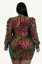 "Non-stretch multi-colored sequin dress with round neckline, long sleeves, and zipper closure, designed for elegant evening wear."