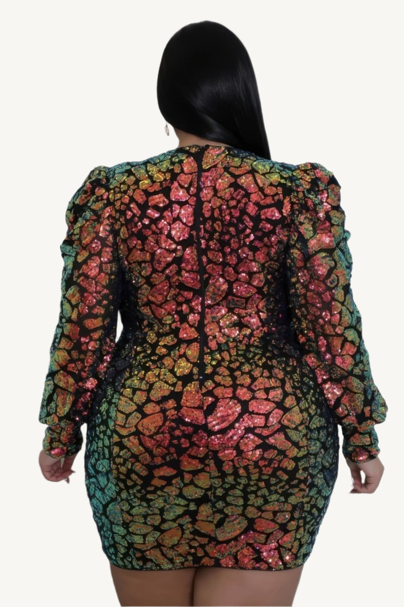 "Non-stretch multi-colored sequin dress with round neckline, long sleeves, and zipper closure, designed for elegant evening wear."