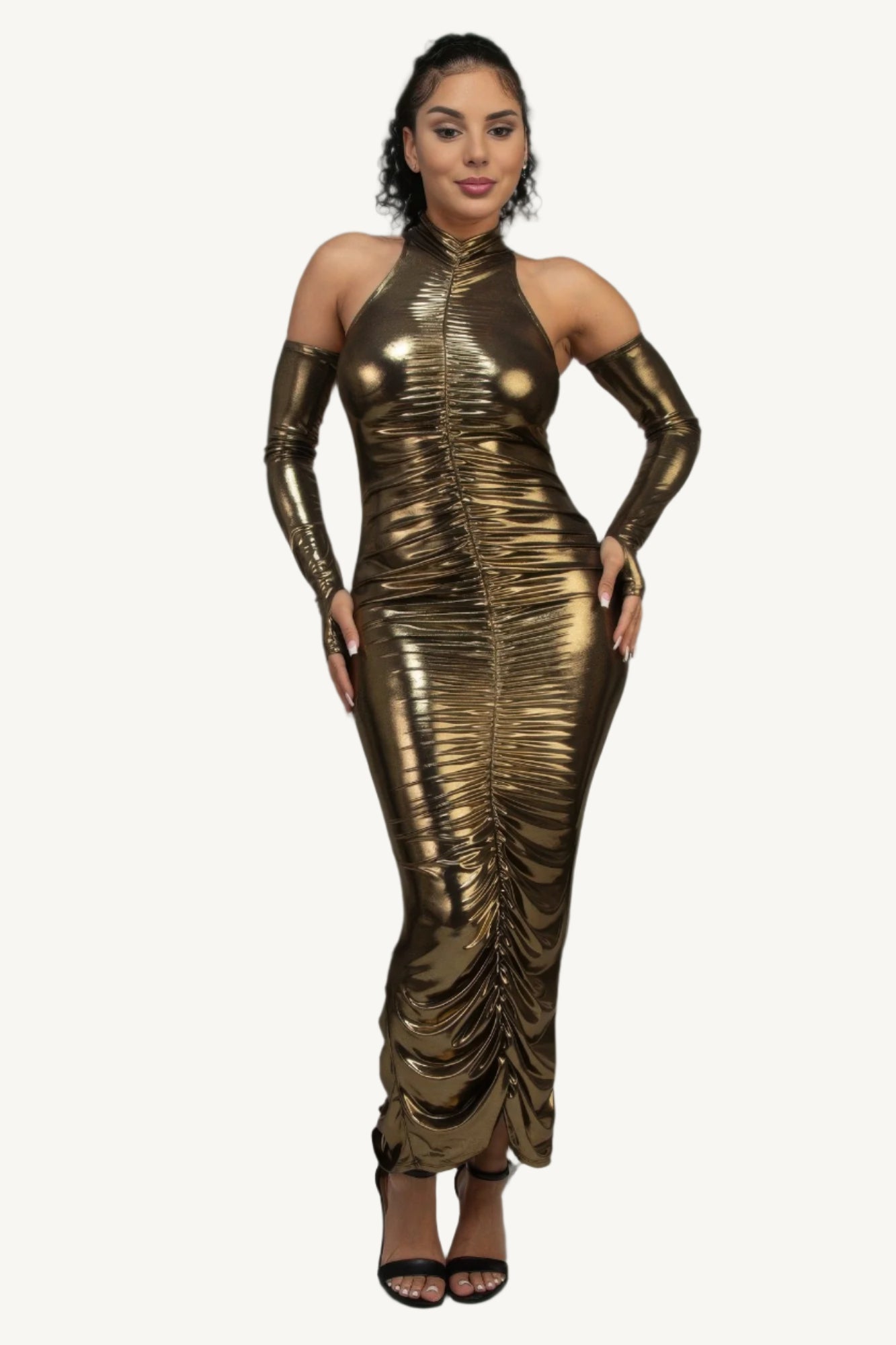 Gold metallic ruched dress with sleeves, keyhole detail, invisible back zipper, and back slit – elegant, made in the USA.