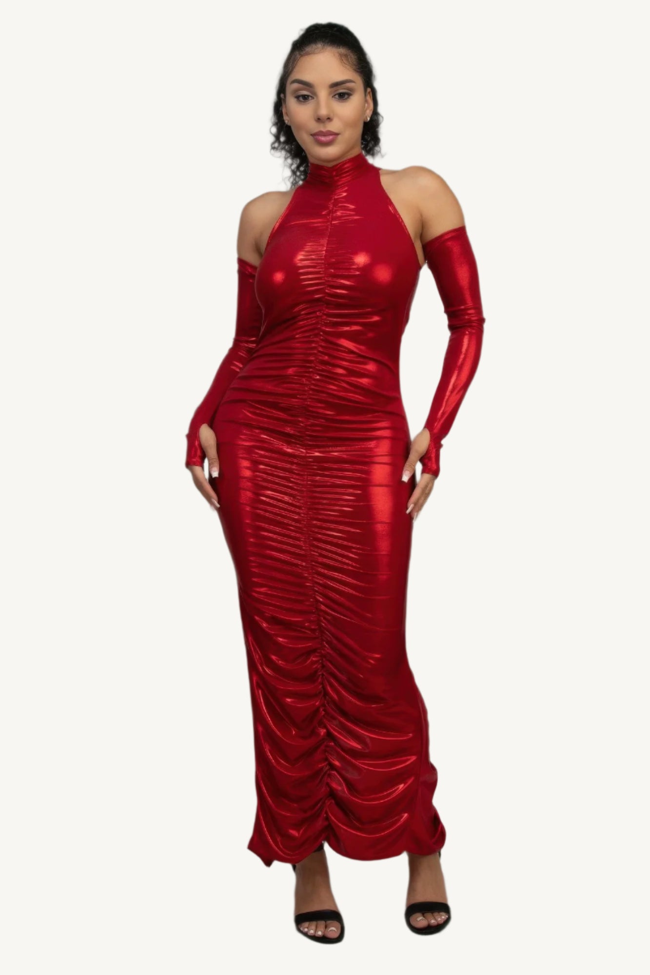 Red metallic ruched dress with sleeves, keyhole detail, invisible back zipper, and back slit – made in the USA.
