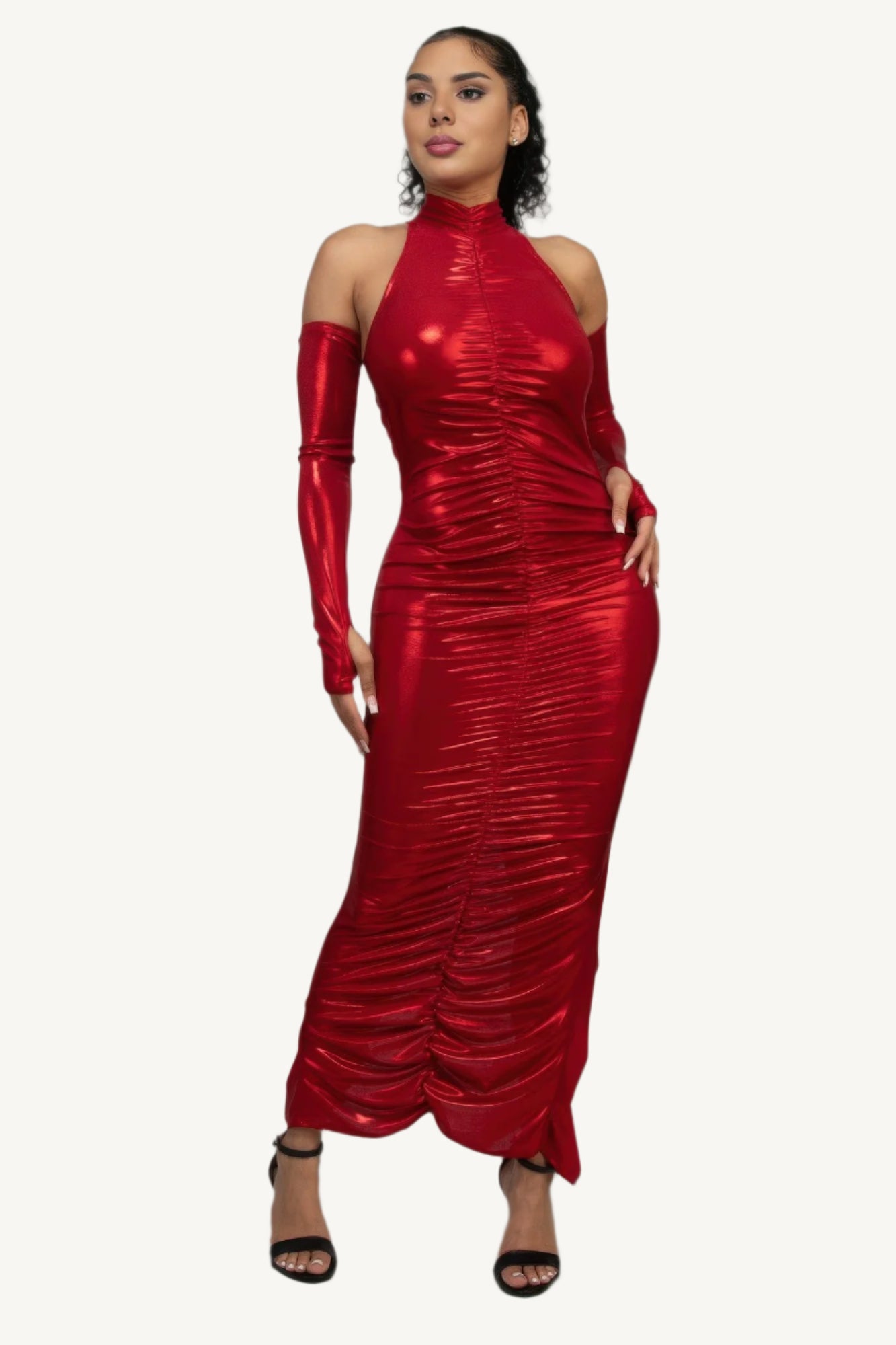 Red metallic ruched dress with sleeves, keyhole detail, invisible back zipper, and back slit – made in the USA.