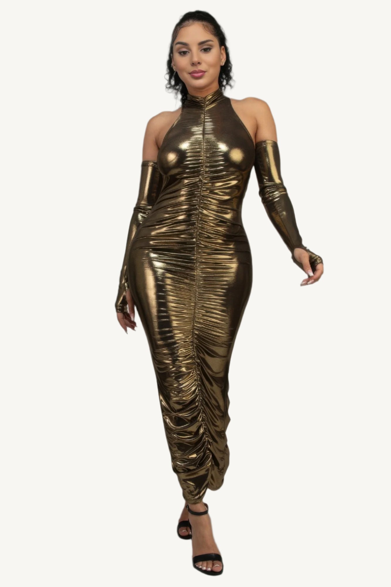 Gold metallic ruched dress with sleeves, keyhole detail, invisible back zipper, and back slit – elegant, made in the USA.