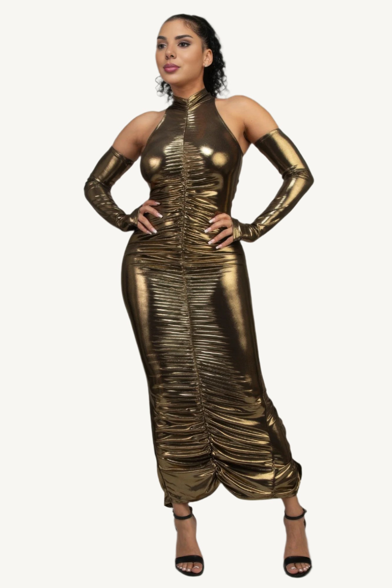 Gold metallic ruched dress with sleeves, keyhole detail, invisible back zipper, and back slit – elegant, made in the USA.