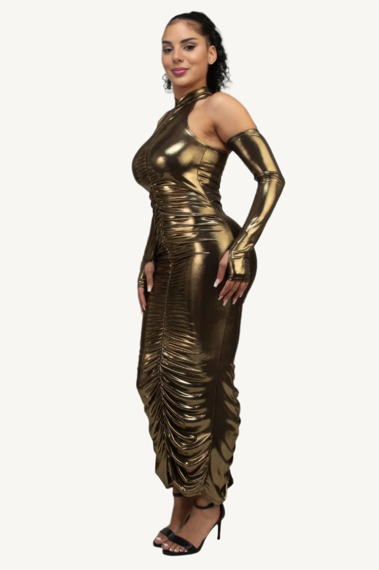 Gold metallic ruched dress with sleeves, keyhole detail, invisible back zipper, and back slit – elegant, made in the USA.