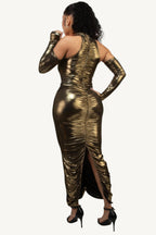 Gold metallic ruched dress with sleeves, keyhole detail, invisible back zipper, and back slit – elegant, made in the USA.