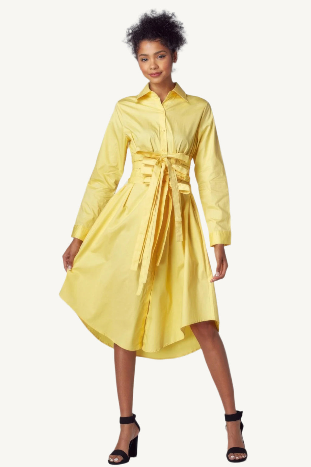 "Yellow shirt dress with tie-up belt – classic silhouette with a modern twist, combining comfort and sophistication."