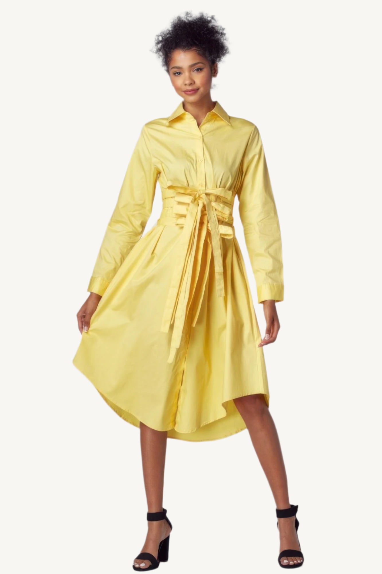 "Yellow shirt dress with tie-up belt – classic silhouette with a modern twist, combining comfort and sophistication."