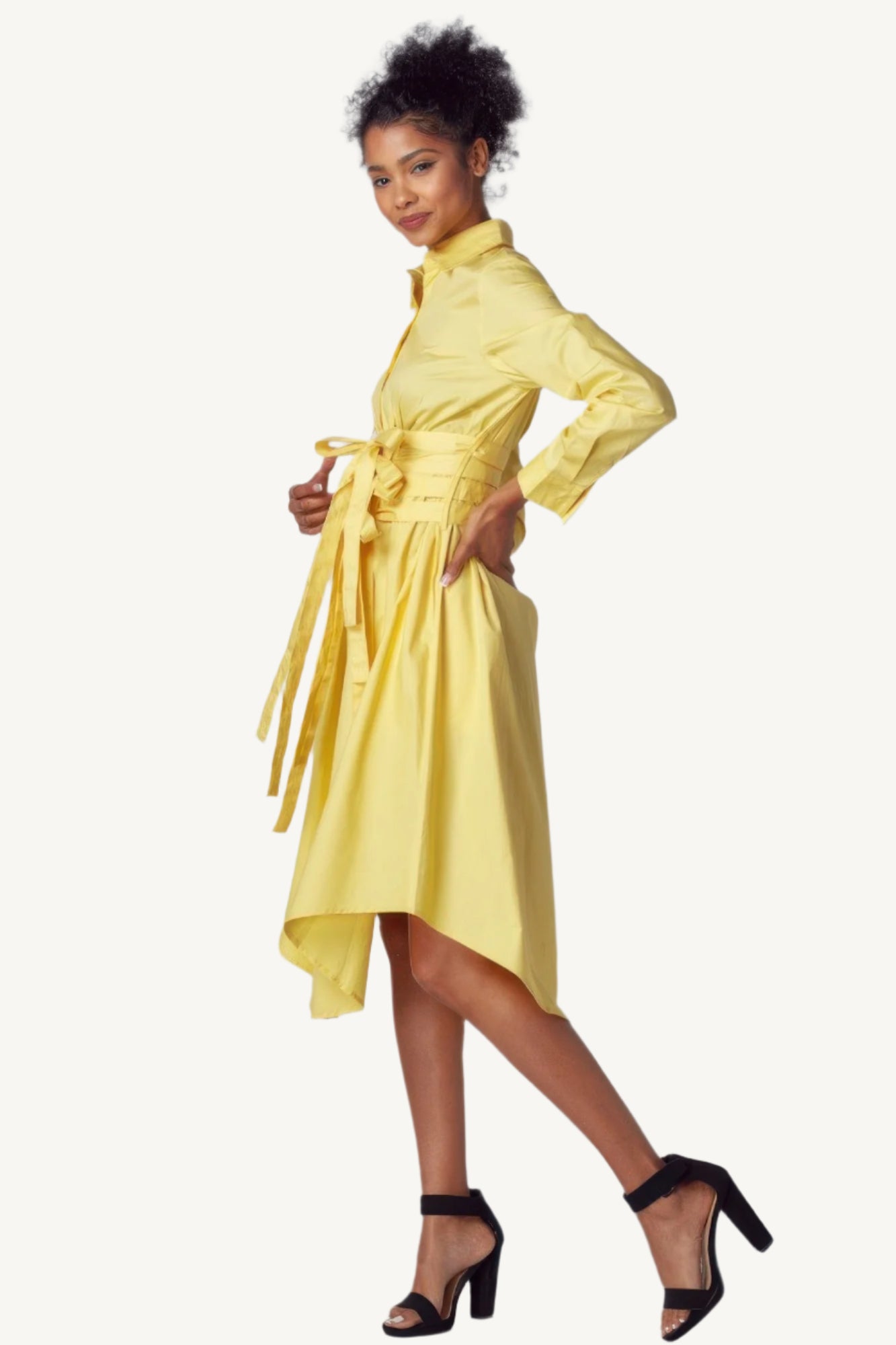 "Yellow shirt dress with tie-up belt – classic silhouette with a modern twist, combining comfort and sophistication."