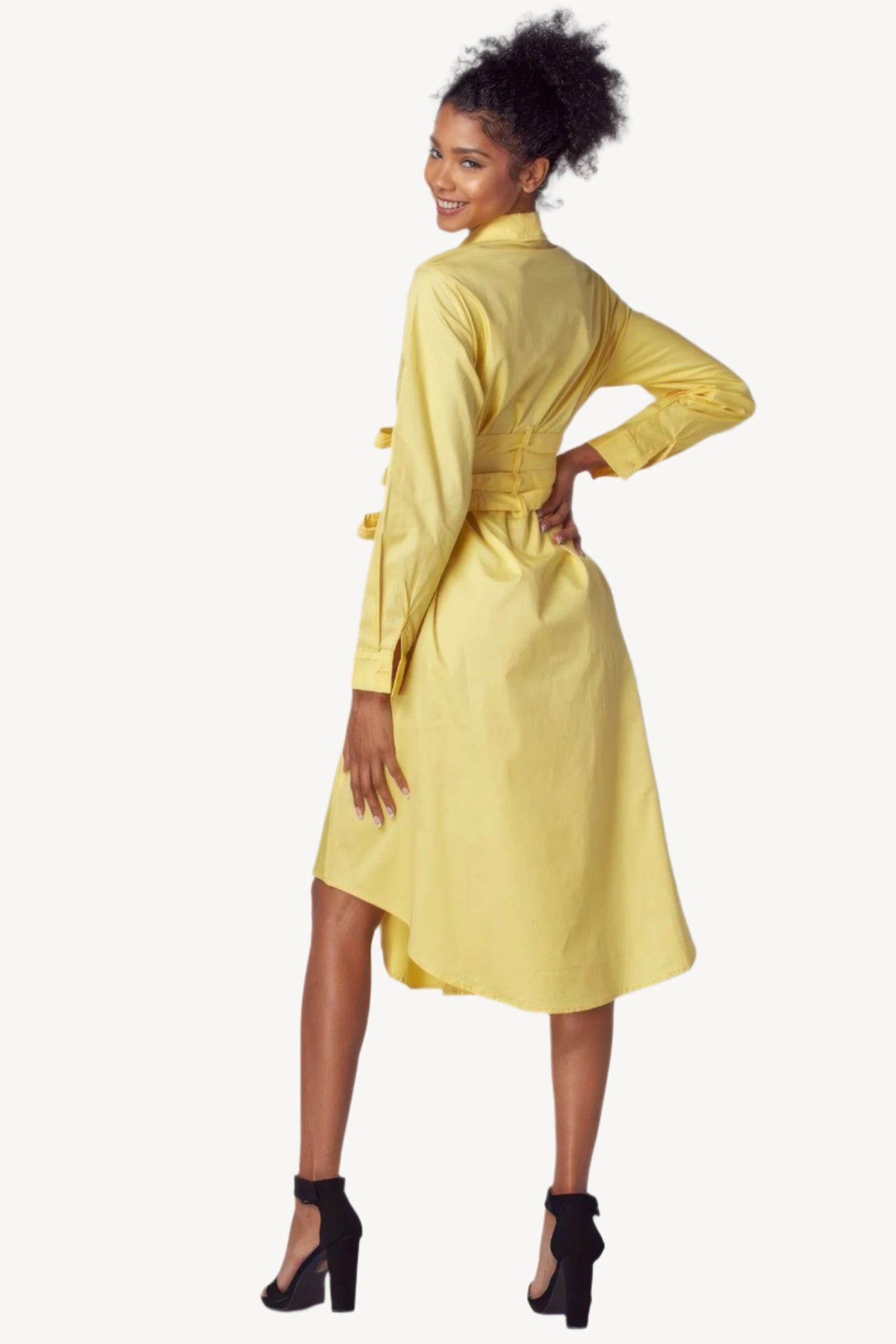 "Yellow shirt dress with tie-up belt – classic silhouette with a modern twist, combining comfort and sophistication."