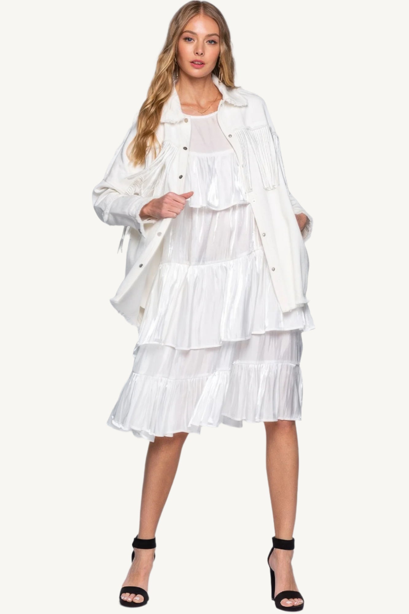 "White ruffle midi dress – elegant, shimmering fabric with a chic silhouette perfect for special occasions."