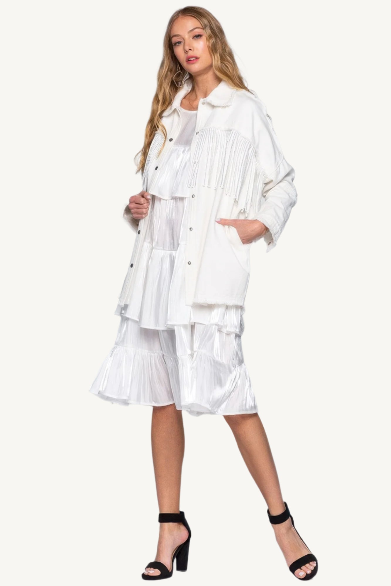 "White ruffle midi dress – elegant, shimmering fabric with a chic silhouette perfect for special occasions."