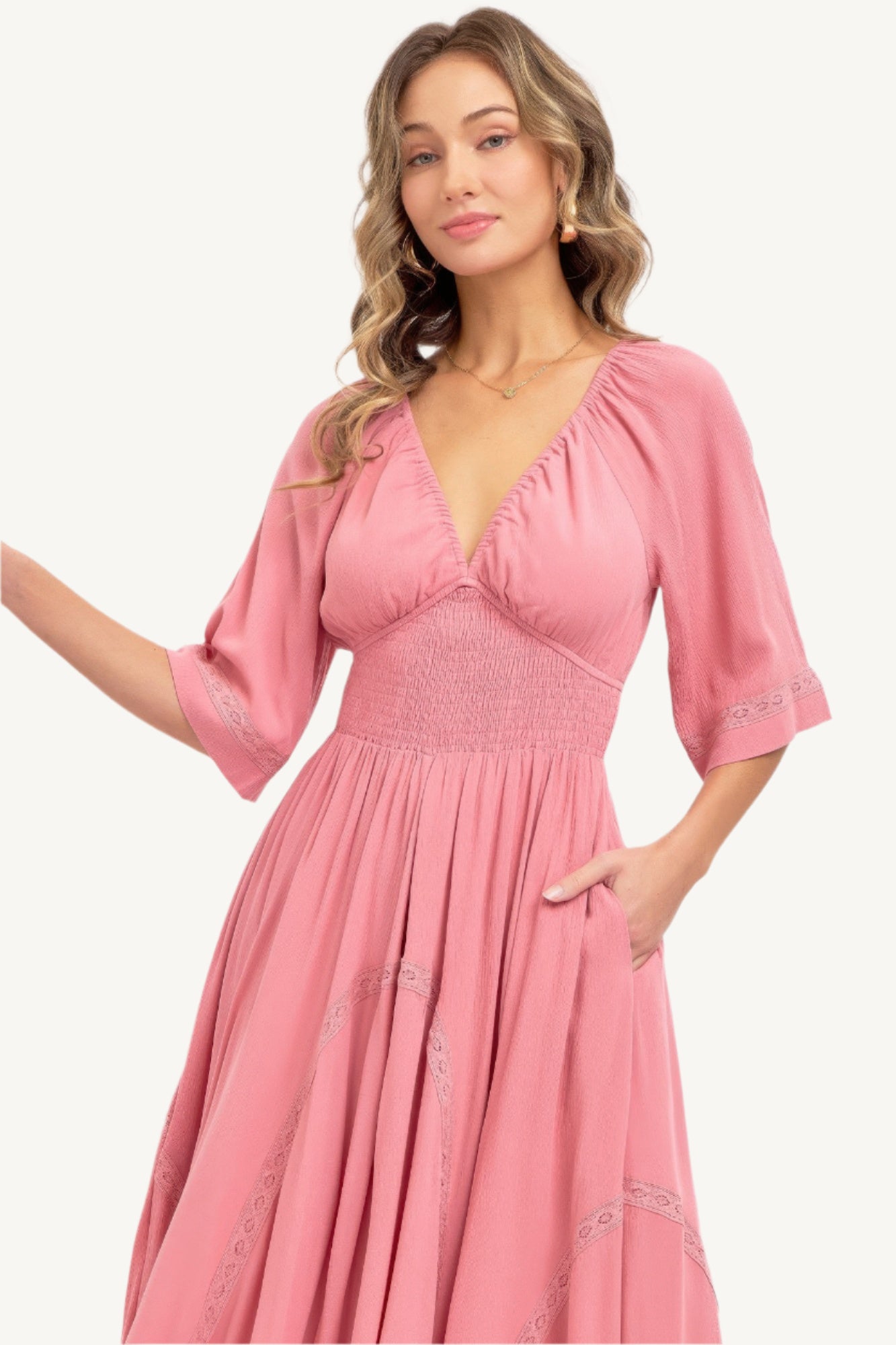 Romantic flowy maxi dress with smocked bodice, V-neckline, lace trim detailing, and soft rayon fabric – breezy, elegant, and perfect for day-to-night wear.