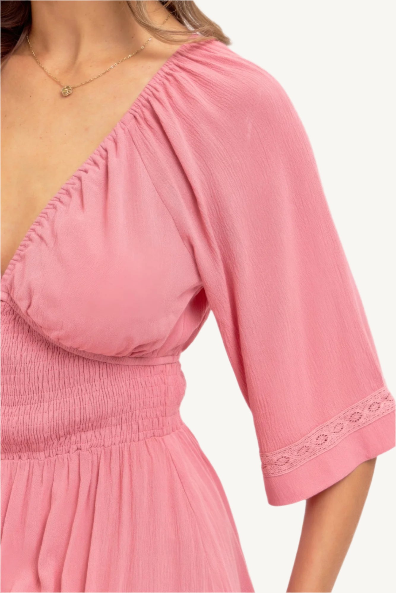 Romantic flowy maxi dress with smocked bodice, V-neckline, lace trim detailing, and soft rayon fabric – breezy, elegant, and perfect for day-to-night wear.