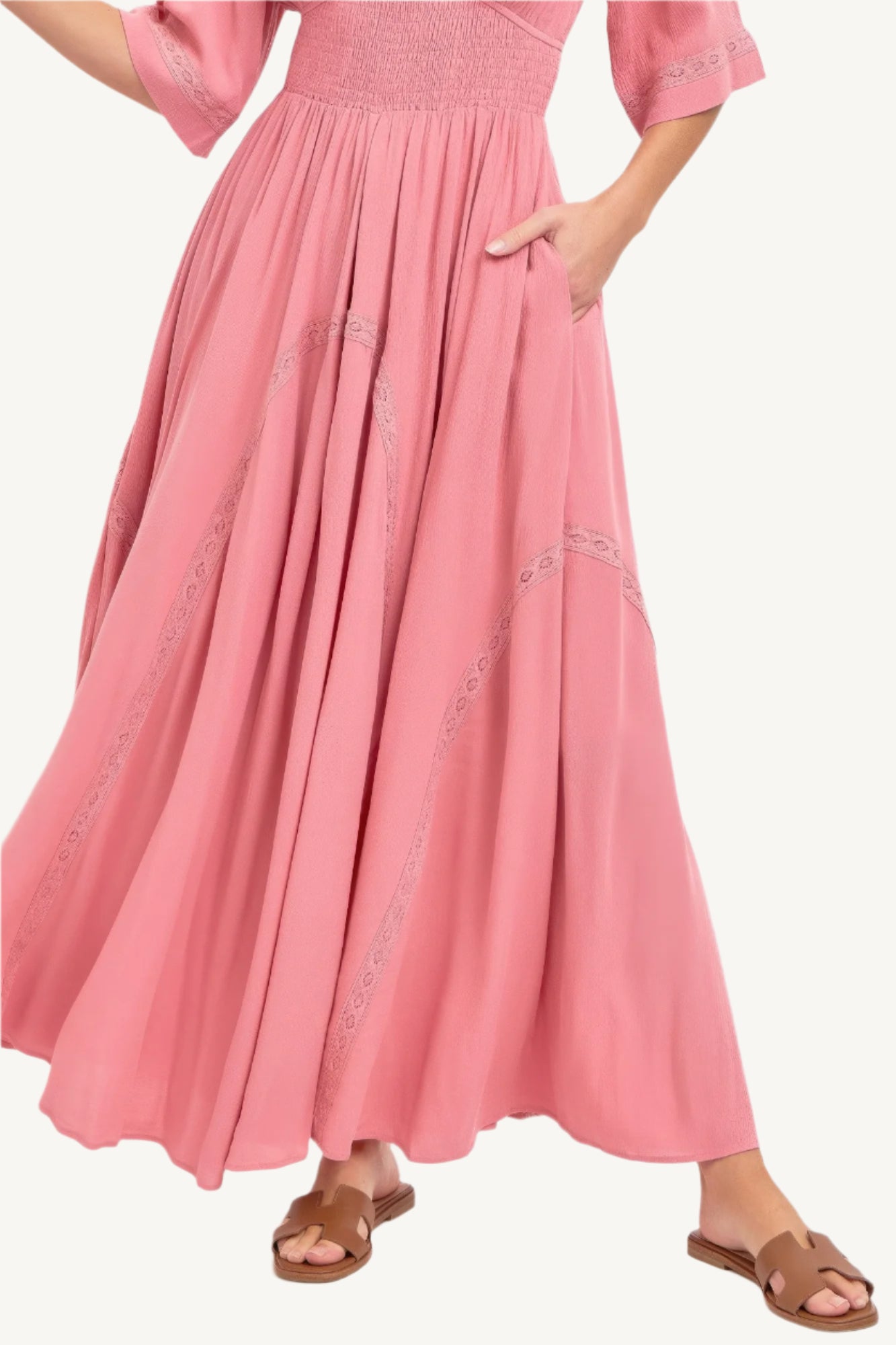 Romantic flowy maxi dress with smocked bodice, V-neckline, lace trim detailing, and soft rayon fabric – breezy, elegant, and perfect for day-to-night wear.