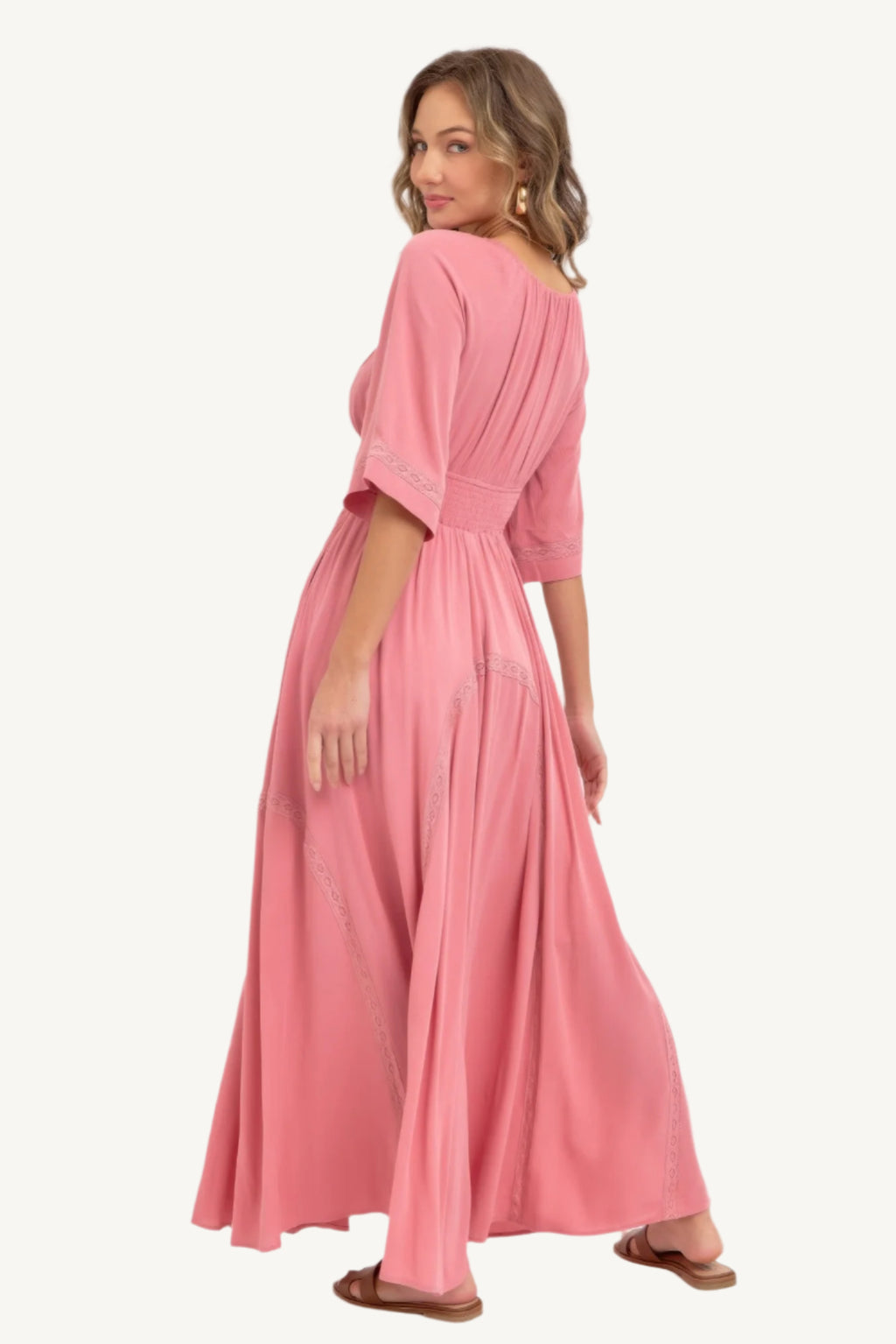 Romantic flowy maxi dress with smocked bodice, V-neckline, lace trim detailing, and soft rayon fabric – breezy, elegant, and perfect for day-to-night wear.