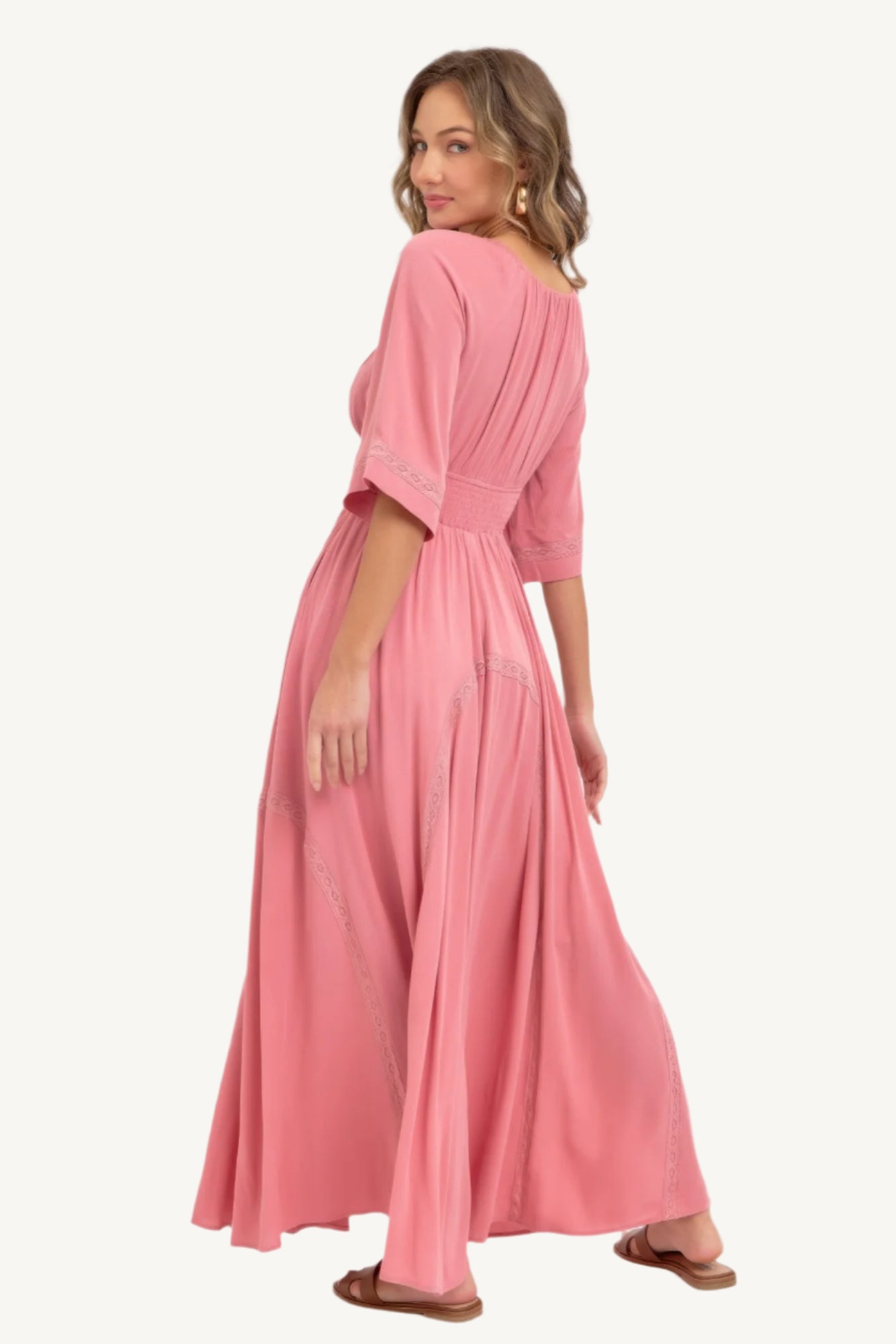 Romantic flowy maxi dress with smocked bodice, V-neckline, lace trim detailing, and soft rayon fabric – breezy, elegant, and perfect for day-to-night wear.