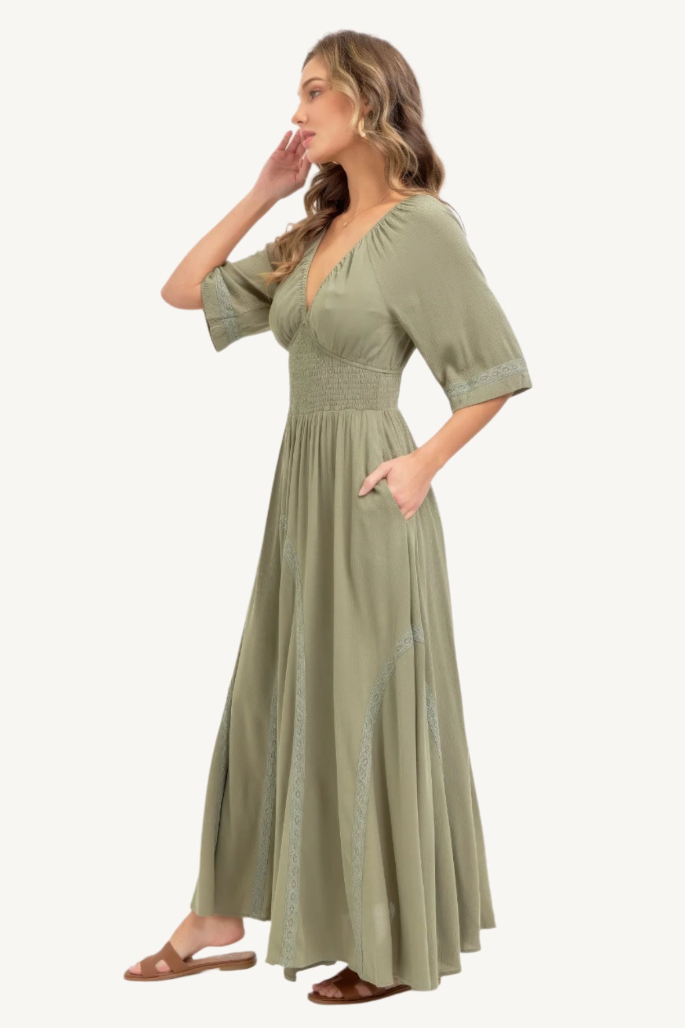 Romantic maxi dress made of lightweight rayon with a smocked bodice, V-neckline, lace-trimmed skirt, and breezy silhouette – feminine, flattering, and seasonless.