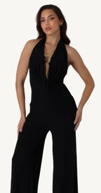 Plunge cowl neck jumpsuit with center O-ring detail, stretch fabric, and body-hugging fit – sleek, bold, and perfect for evening events or nights out.