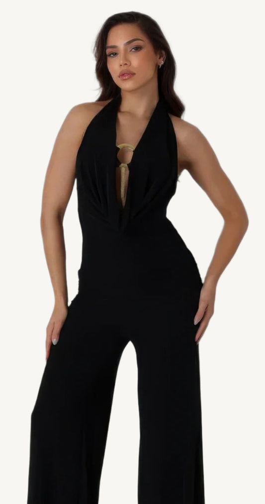 Plunge cowl neck jumpsuit with center O-ring detail, stretch fabric, and body-hugging fit – sleek, bold, and perfect for evening events or nights out.