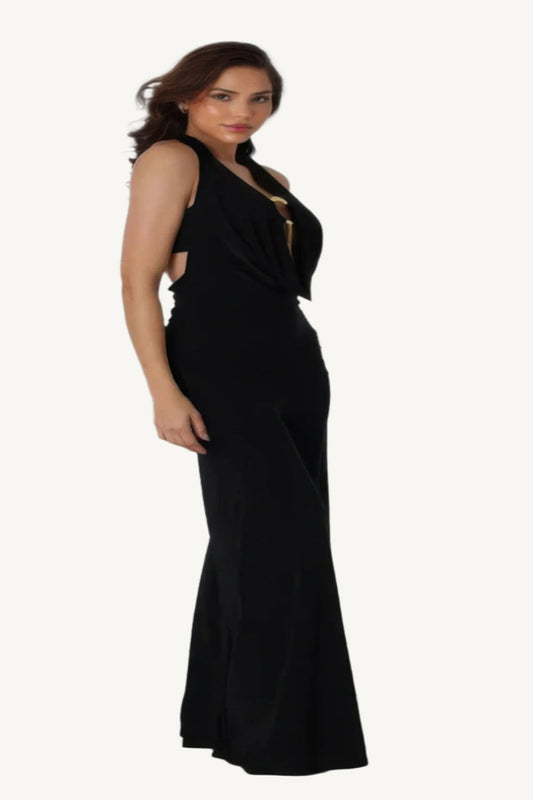 Plunge cowl neck jumpsuit with center O-ring detail, stretch fabric, and body-hugging fit – sleek, bold, and perfect for evening events or nights out.