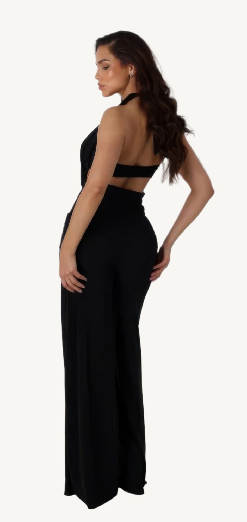 Plunge cowl neck jumpsuit with center O-ring detail, stretch fabric, and body-hugging fit – sleek, bold, and perfect for evening events or nights out.