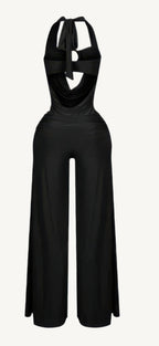 Plunge cowl neck jumpsuit with center O-ring detail, stretch fabric, and body-hugging fit – sleek, bold, and perfect for evening events or nights out.