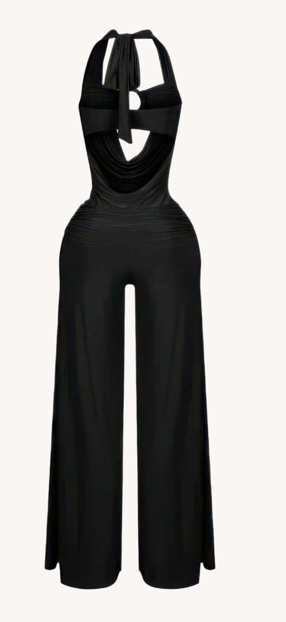 Plunge cowl neck jumpsuit with center O-ring detail, stretch fabric, and body-hugging fit – sleek, bold, and perfect for evening events or nights out.