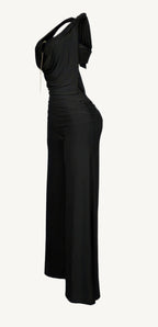 Plunge cowl neck jumpsuit with center O-ring detail, stretch fabric, and body-hugging fit – sleek, bold, and perfect for evening events or nights out.
