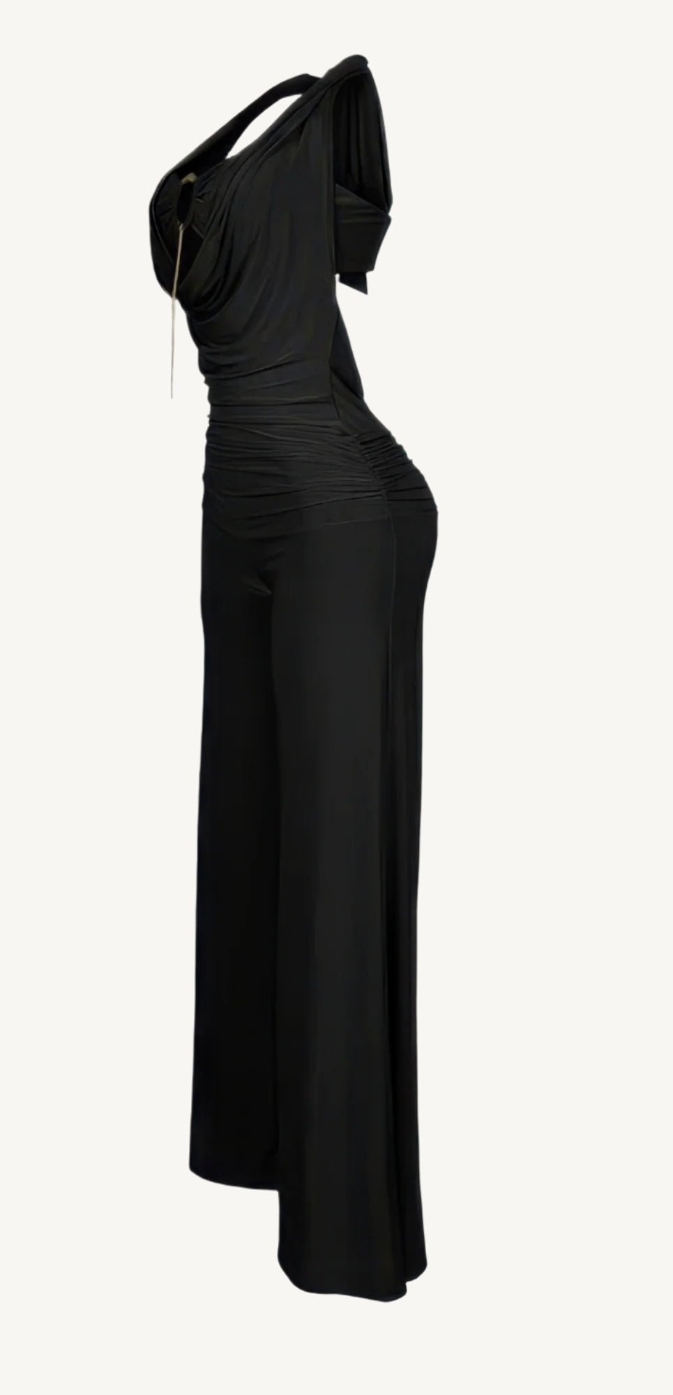 Plunge cowl neck jumpsuit with center O-ring detail, stretch fabric, and body-hugging fit – sleek, bold, and perfect for evening events or nights out.
