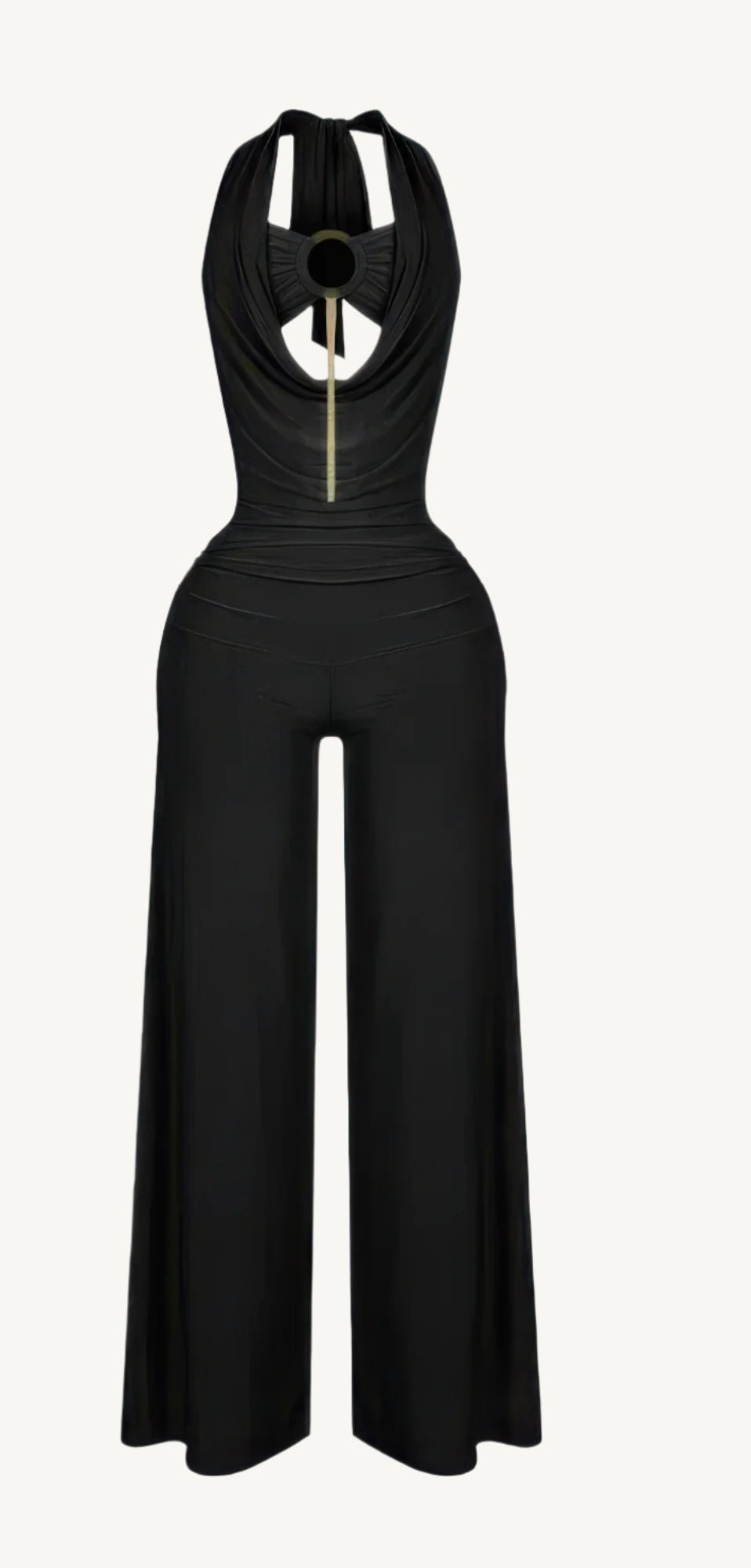Plunge cowl neck jumpsuit with center O-ring detail, stretch fabric, and body-hugging fit – sleek, bold, and perfect for evening events or nights out.