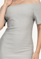 Off-shoulder bodycon dress with short sleeves, back zipper, and knee-length slit – made from soft stretch knit for a flattering, elegant fit.