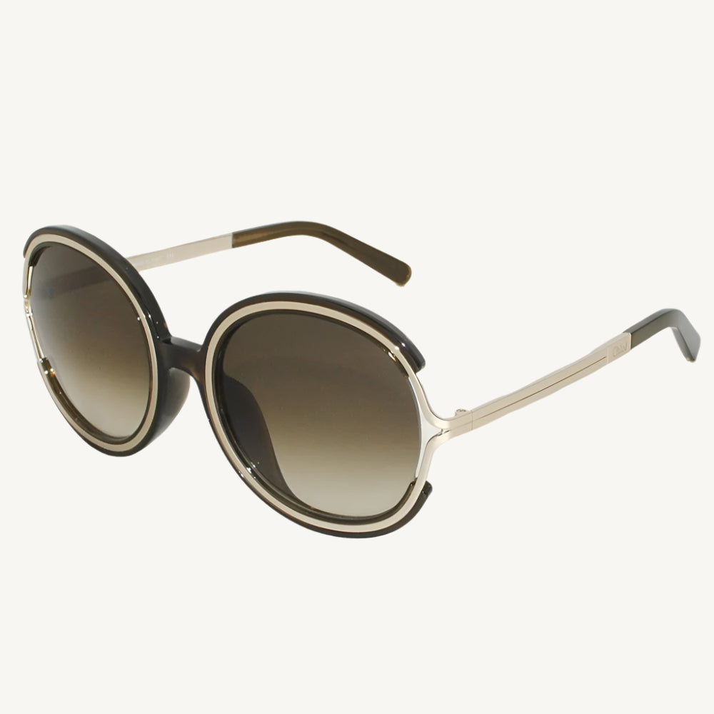 "Chloé women's sunglasses, model CE711SA-303, featuring soft khaki frame with silver accents and a chic, feminine silhouette"